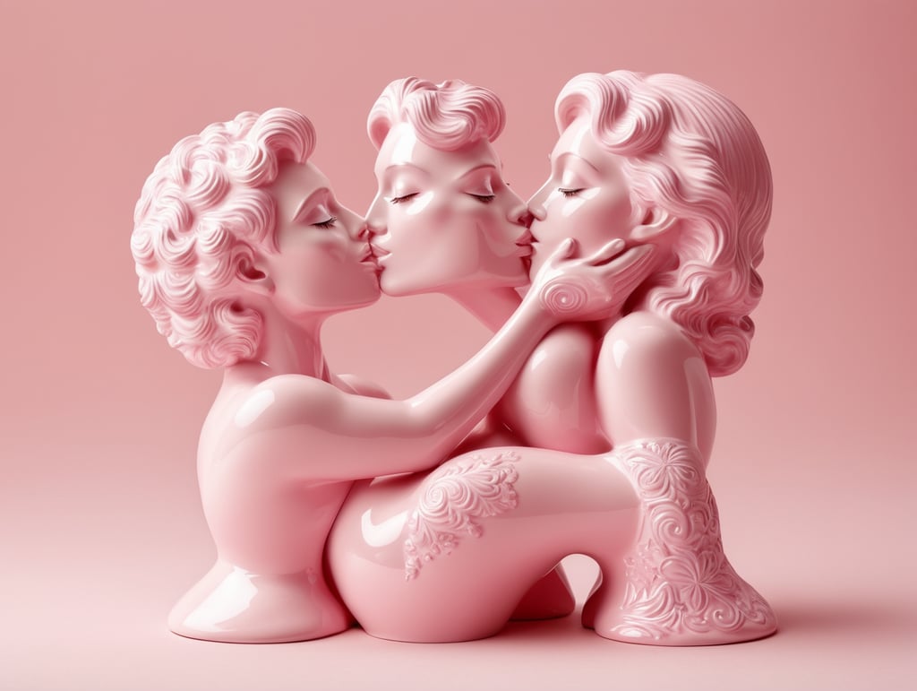 Kiss Art: Two pink glazed ceramic single color figures kissing each other, isolated, pink background