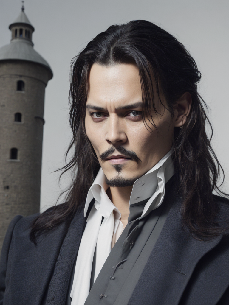Portrait of Johnny Depp as Count Dracula, majestic look, long hair, mantle, against the backdrop of a medieval castle, detailed background, contrasting light, detailed face, muted tones