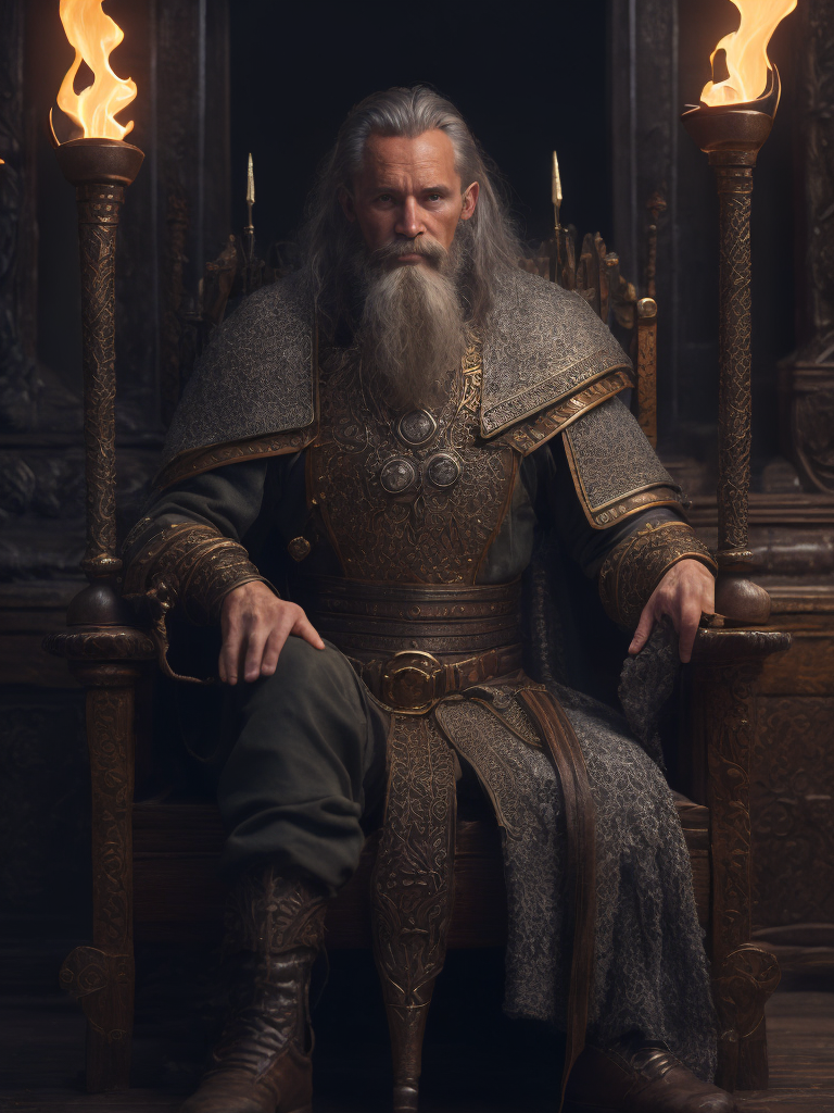 Highest quality, masterpiece, photorealistic, medium shot, RAW photo, of (a weary-looking but still proud and fierce-looking old Viking warrior, now the leader of his village, dressed in elaborately detailed chain mail and leather armour, sitting on a carved wooden throne furrowed with Viking runes and symbols, in the village meeting hall, on his lap rests an elaborately carved and beautifully crafted longsword, a few torches burn on the walls, giving the scene a dark atmosphere but sculpting the forms in sharp chiaroscuro), it is night time, (highly detailed skin), skin texture, (detailed face), detailed background, sharp focus, dark lighting, twilight lighting, volumetric lighting, highly detailed, intricate details, 8k, highly detailed, UHD, HDR