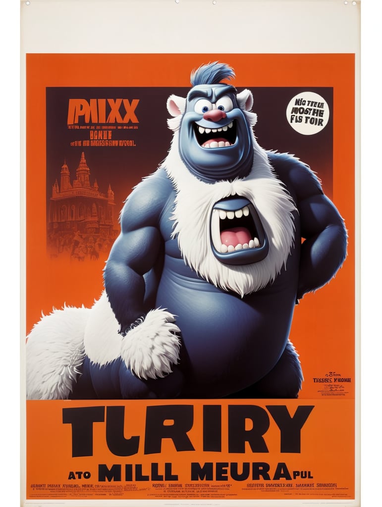 A vintage 1960s movie poster of a milk monster. The monster is fat and all white with soft fur.