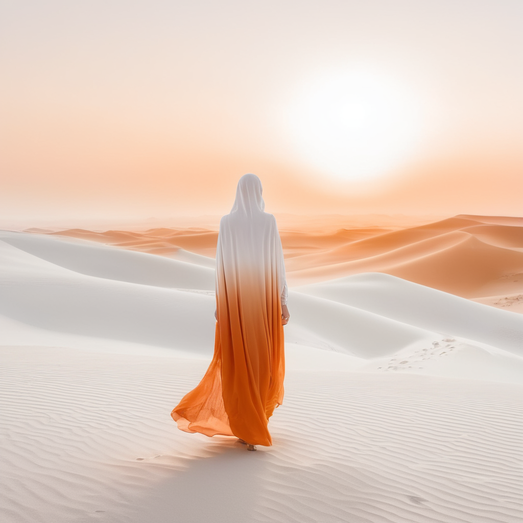 view from behind(((ethereal misty orange cloaked woman figure))), clad in light tones, advancing through a (((dunescape))) under a (glowing, ethereal suset), with (vast, silvery sand dunes) reflecting an otherworldly light around its surroundings, abstract art