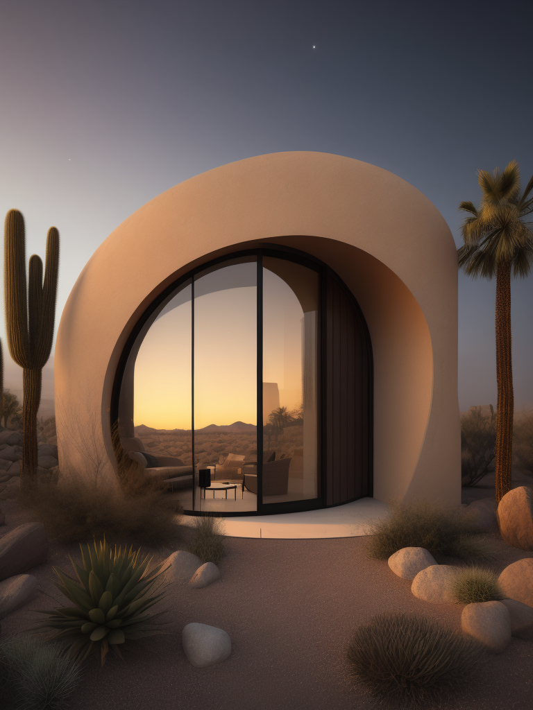 An architectural rendering of a minimal, geometric, curved, sculptural, stucco textured, tan desert abode, sand and clay facade with small carved window openings, wood accents, arched glass door opening, cactus, tumble weed, artificial lighting, desert landscaping, outdoor camp fire, located in Arizona during twilight, hazy horizon