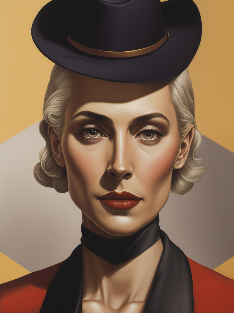 A painting of a very beautiful, middle aged woman in the art deco style of Tamara de Lempicka.