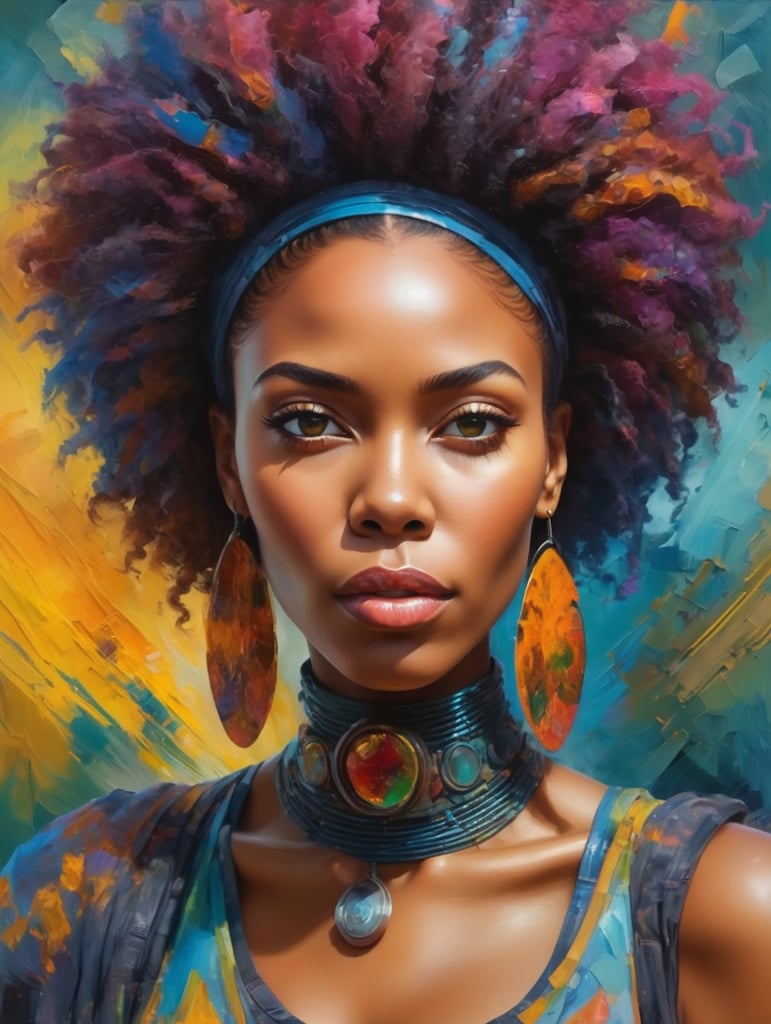 A vibrant and colorful portrait of a beautiful woman african-american, Afrofuturism and abstract expressionism, oil painting, hyperrealistic digital painting, impasto heavy strokes, masterpiece, 8k resolution