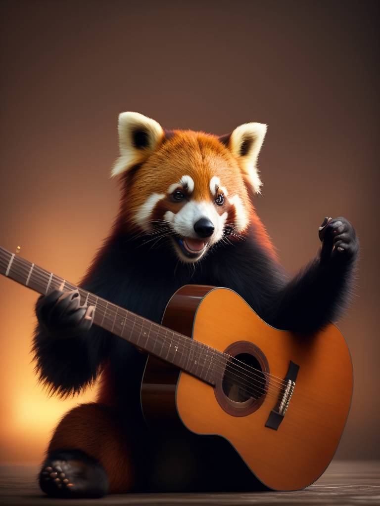 Red panda bear playing guitar, Vivid saturated colors, Contrast light, studio photo, professional photo, Detailed image, detailed face