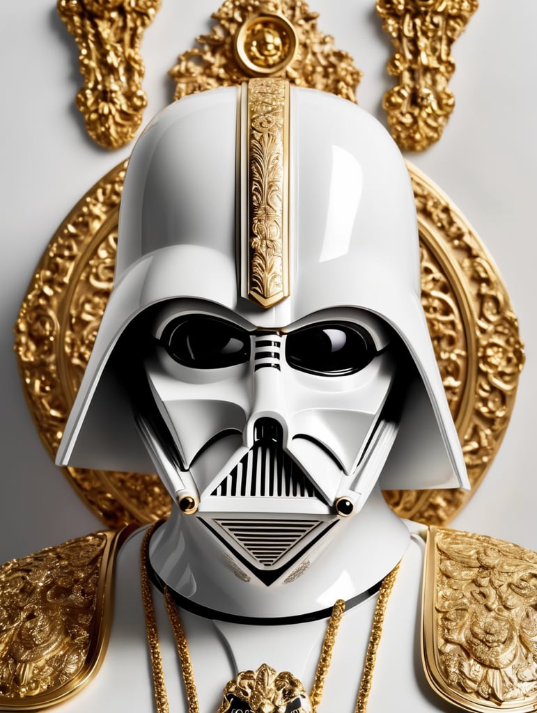 Luxury white Darth Vader, decorated with gold, carved materials, Dolce and Gabbana