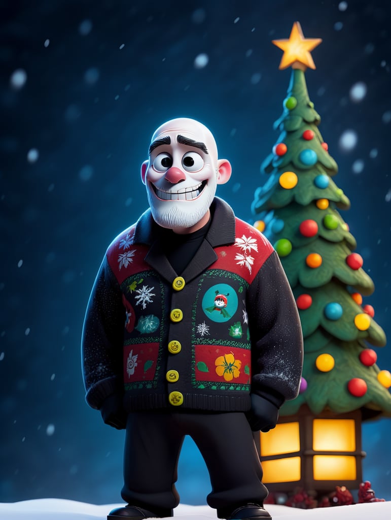 Jack Skellington standing wearing an ugly Christmas sweater