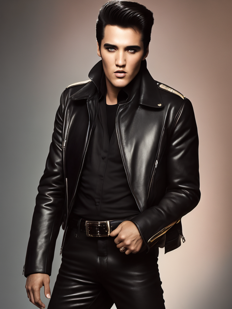 Portrait of Elvis Presley wearing a black leather jacket, studio photo, professional photo, Bright and rich colors, Detailed image, detailed face