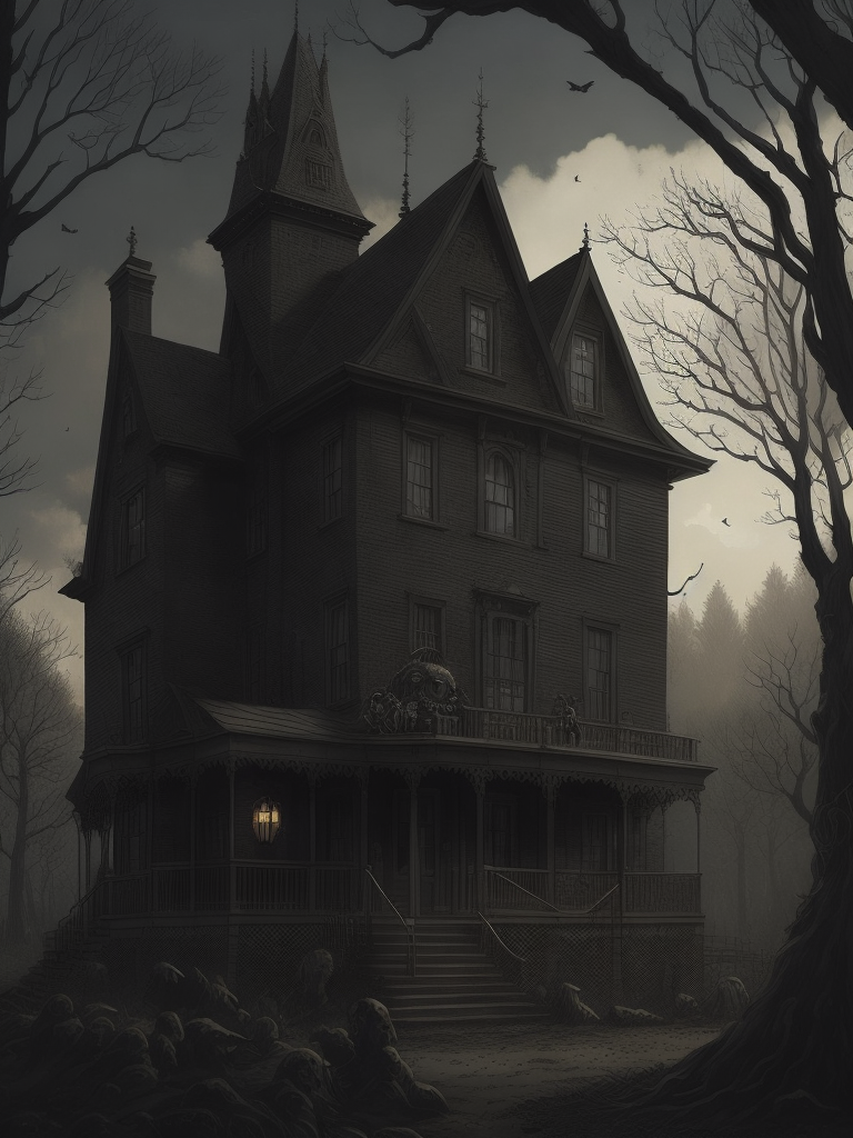 john kenn mortensen style, haunted house full of monsters