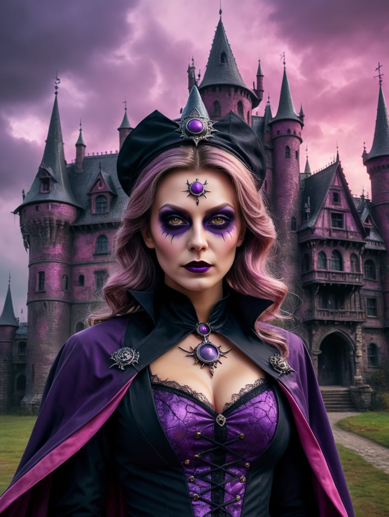 Portrait of Female Doctor in a witch costume for Halloween, scary dark makeup on her face, gloomy dark atmosphere, vintage 70s style, purple, pink, and black colors, high detail photo, a professional photo, against the backdrop of an old creepy castle, contrasting light, bright colors, deep dark atmosphere