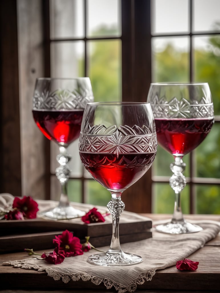 crystal glass with red wine, crystal richly engraved with floral motifs, glass on old wooden table with linen naperon, dry flowers lying on the naperon next to the glass, soft colors, soft light comes in through the window, dark ambient, comfortable atmosphere, highly detailed