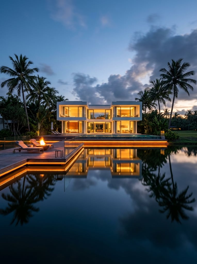 A modern luxury villa at twilight features minimalist white architecture and large windows glowing with warm light. Tall dark palm trees frame the two-story structure against a soft blue cloudy sky. In the foreground a wooden deck extends over calm dark water featuring lounge chairs a fire pit and orange under-lighting. The illuminated house and deck create a perfect symmetrical reflection on the water surface. The image uses a wide symmetrical composition typical of high-end architectural photography.