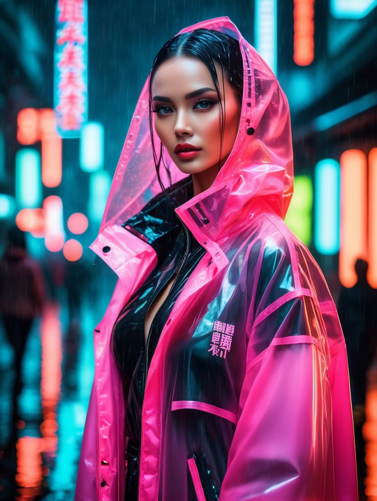 Portrait of A super model women wearing translucent raincoat, standing on a street under the heaviest rain, neon cyber city, dark night, neon signs,