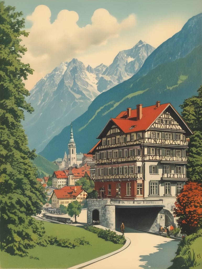 Illustration of an Austria in the style of Donald Fraser Gould McGill and a Bamforth postcard