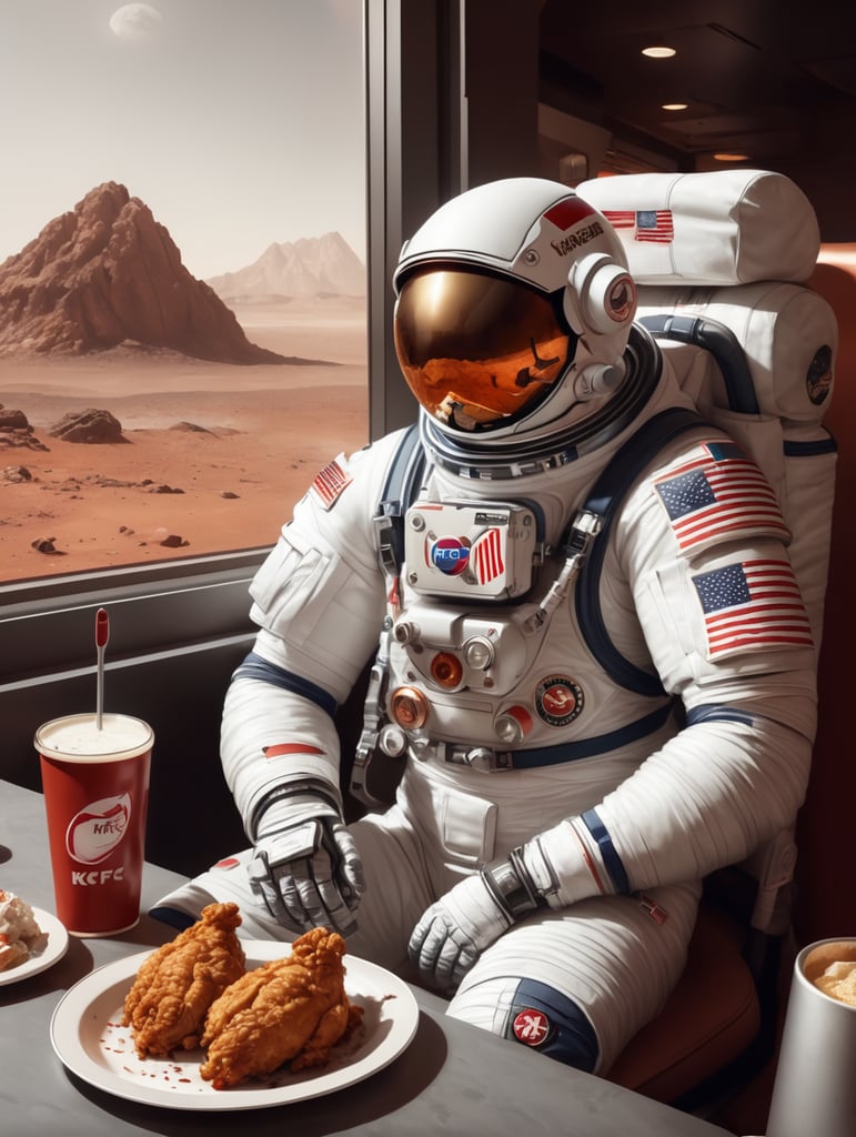 An astronaut sitting in a bistro on the surface of Mars, Turkish flag emblem on his shoulder, KFC chicken drumstick in his hand, realistic, high detail