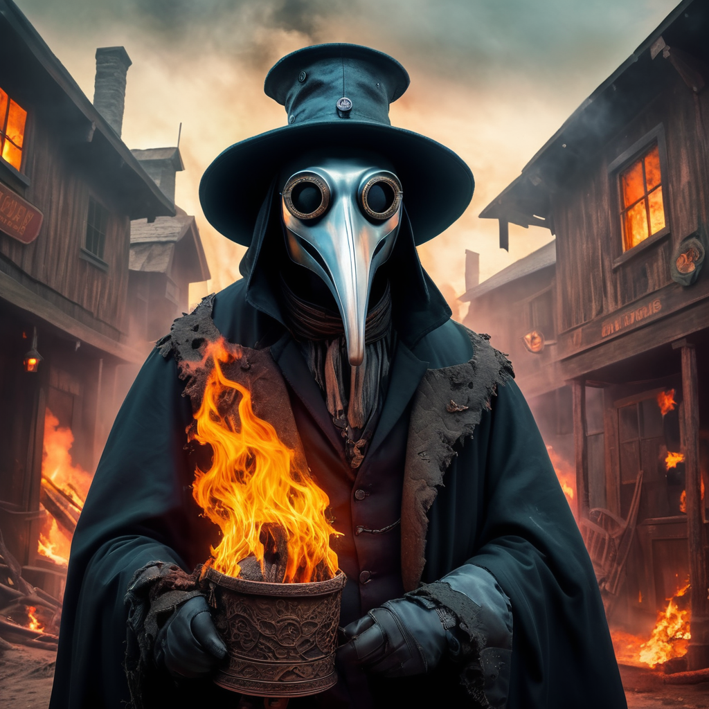 plague doctor, eater of worlds, demon, creepy, fire elements, ghost town, 19th Century vivid saturated colors, highly detailed, contrast colors