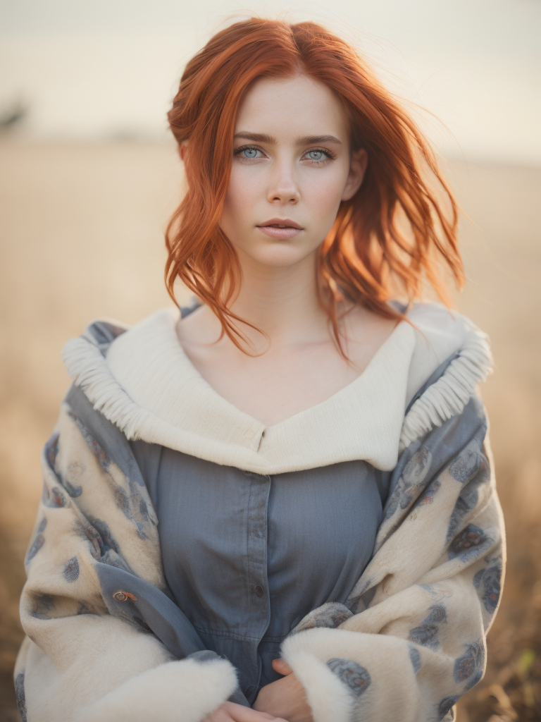 big blue eyes girl, red hair, hyper realistic, photo-realistic