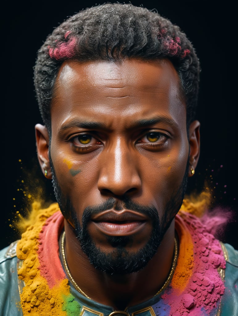 a black man, colourful powder, black background, Wes Anderson style