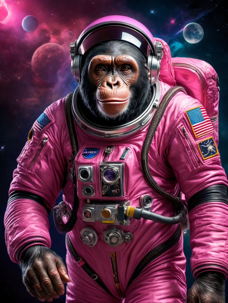 A chimpanzee going to space, wearing pink color astronaut suit, Vivid saturated colors, Contrast light, studio photo, professional photo, Detailed image, detailed face