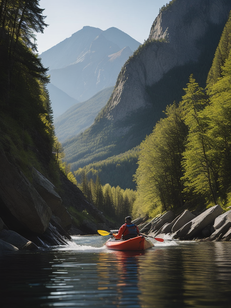 A man is kayaking on a mountain river, mountains, blue sky, high detail, rear view, forest, rocks, Very High details, Vibrant colors, sharp on details