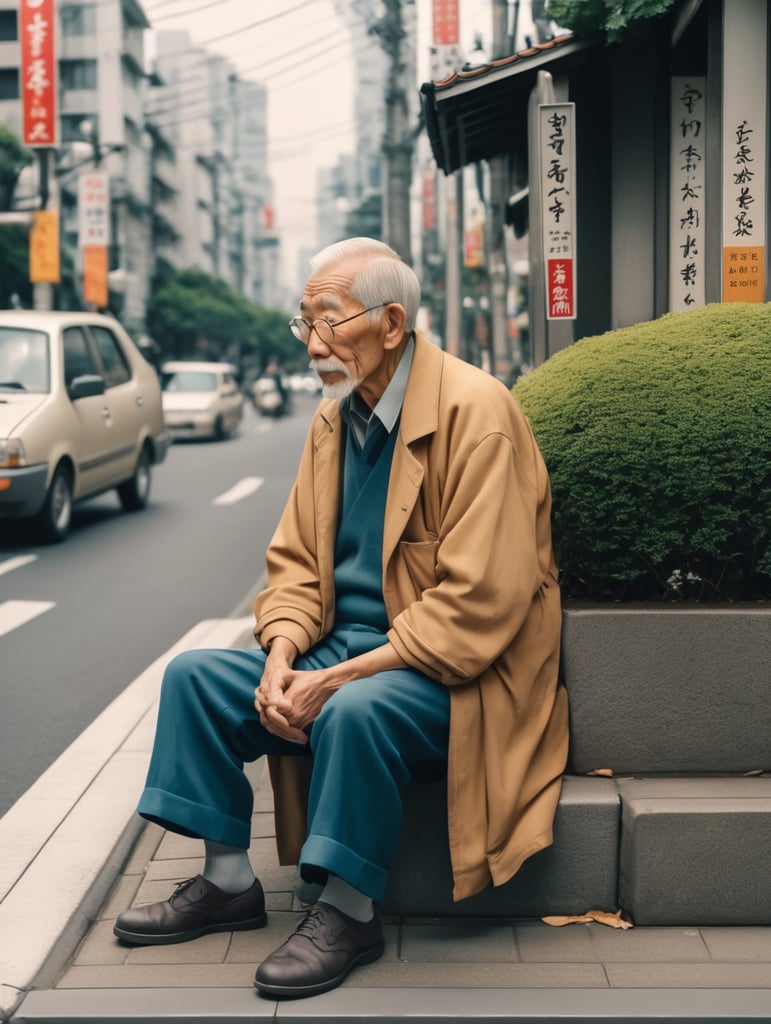 An old man sitting on the curb in tokyo, illustration by Hergé, perfect coloring, 8k