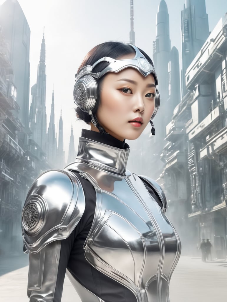 vintage medium shot of korean ethnicity girl dressed in chrome metallic mask and realistic cyberpunk outfit, a bit robotic, 1920's poster, with background of futuristic style buildings and futuristic rockets