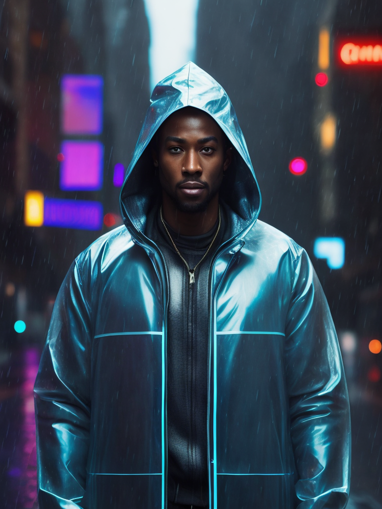 a black man wearing ((transparent raincoat)), under the rain, ultra realistic, neon lights