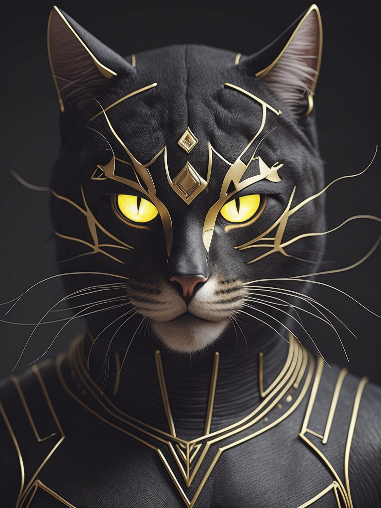 [anthropomorphism cat man], full body, glowing eyes, looking at viewer, dark fantasy demon, gothic cyber, horror egyptian mythology, mysterious golden metal wires, fractional shiny crystals, cult ritual, (masterpiece:1.2) :: (best quality:1.2) :: (intricate) :: (wallpaper), global illumination, ray tracing,