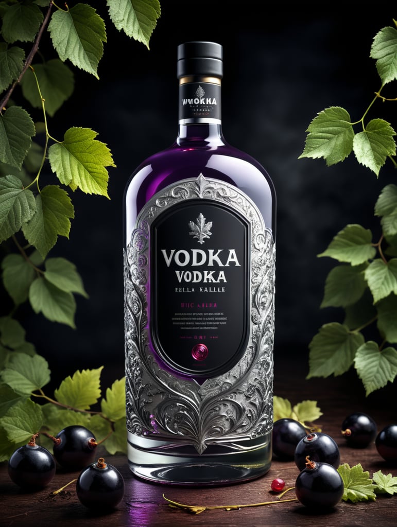 Packaging and branding for a vodka brand as if it had been designed by HI ESTUDIO with In a set design with bricks, black currant and dry leaves.