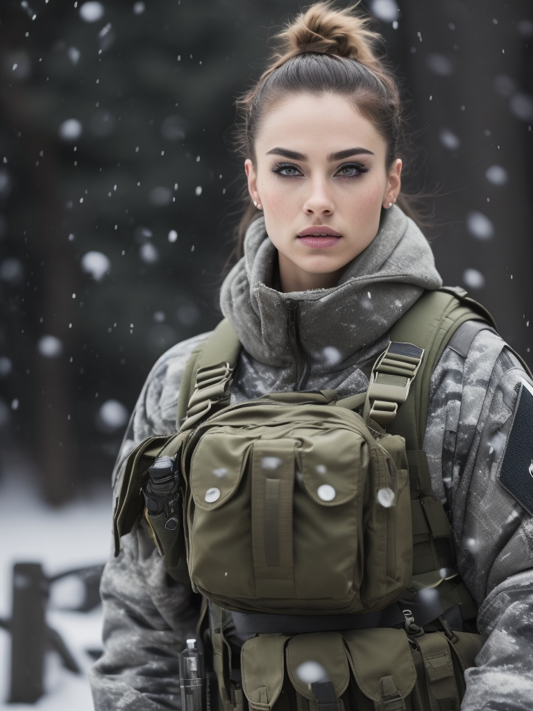 (photorealistic), beautiful lighting, best quality, realistic, full body portrait, real picture, intricate details, depth of field, 1girl, in a cold snowstorm, A very muscular solider girl with haircut, wearing winter camo military fatigues, camo plate carrier rig, combat gloves, (magazin pouches), (kneepads), highly-detailed, perfect face, blue eyes, lips, wide hips, small waist, tall, make up, tacticool, Fujifilm XT3, outdoors, bright day, Beautiful lighting, RAW photo, 8k uhd, film grain, ((bokeh))