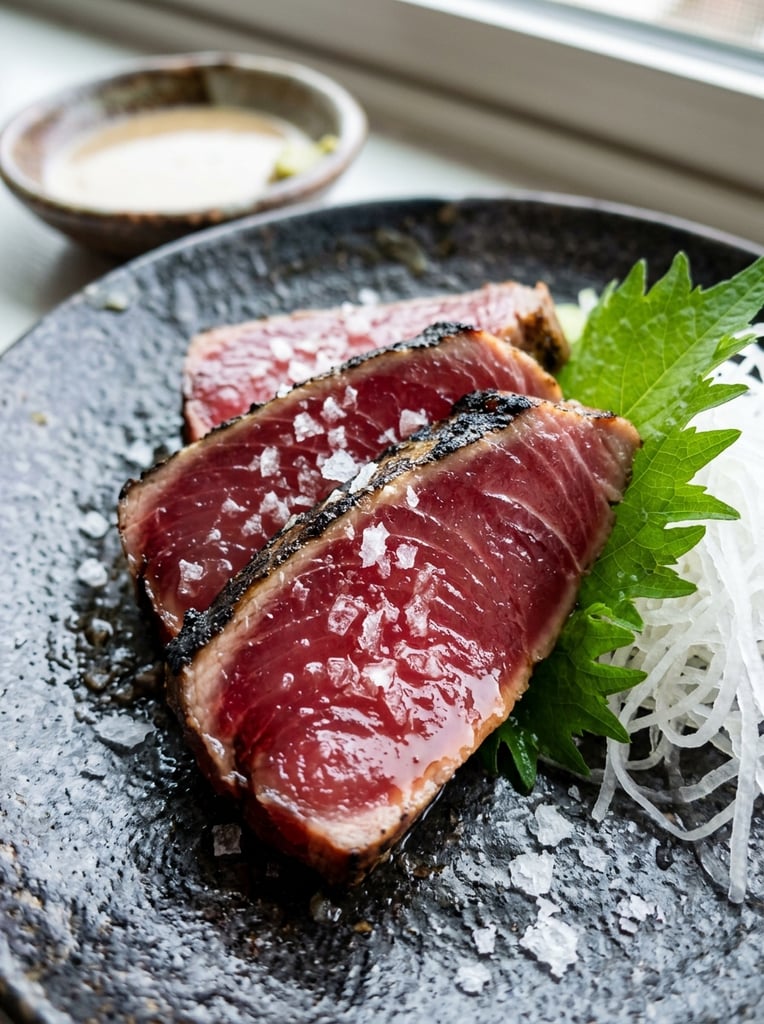 sliced seared fish close-up, dark charred edges, raw vibrant red interior, scattered coarse white salt crystals, bright green jagged shiso leaves, translucent shredded white radish, dark textured ceramic plate, partial dish of pale sauce, macro food photography, sharp focus on glossy meat, shallow depth of field