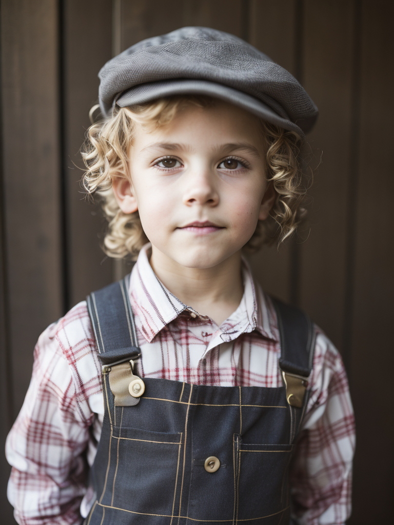 Young boy wearing a newsboys flat cap, curly blonde hair, deep amber eyes, overalls, red and white plaid button up shirt, hyper realistic, photorealism,