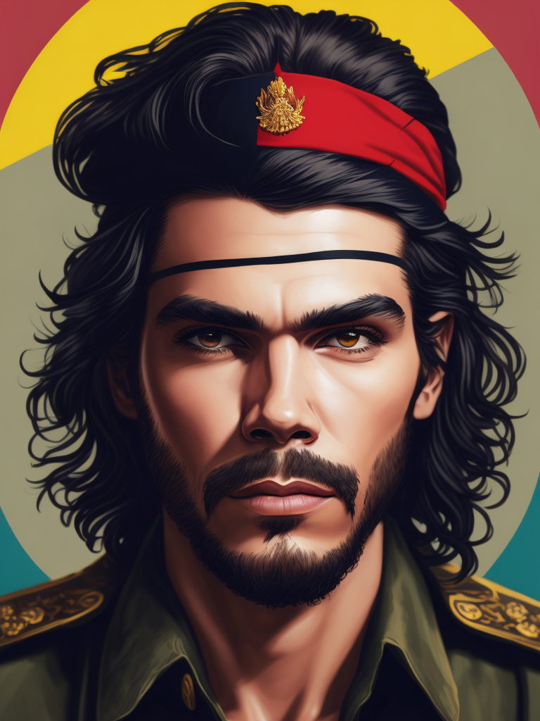 Portrait of Ernesto Guevara, known as Che Guevara, bright saturated colors, elegant, highly detailed, vogue, fashion magazine, sharp focus, bright expressive makeup, dramatic lighting, depth of field, incredibly detailed, blurred background