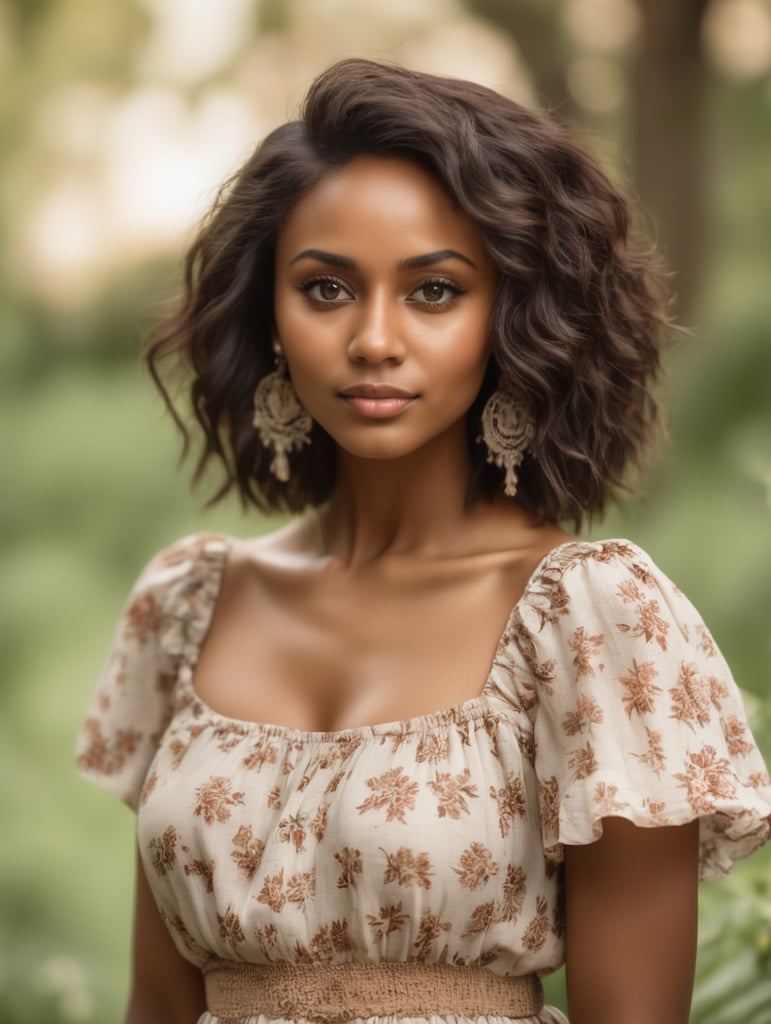 brown skinned. Beatiful woman. Sundress. Romantic eyes. Love. Peace. Aesthetic.