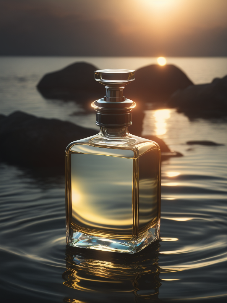 A delicate and noble glass perfume bottle was placed in the middle of the water，The sunlight asperses full, on the water flutters falls ，the petalhas ，the dewthe crystal ，clear feelingthe warm color tone,Headshot Center，the composition，Hyper，realistic style，realistic，photography，high detailhigh quality，high resolution，8k
