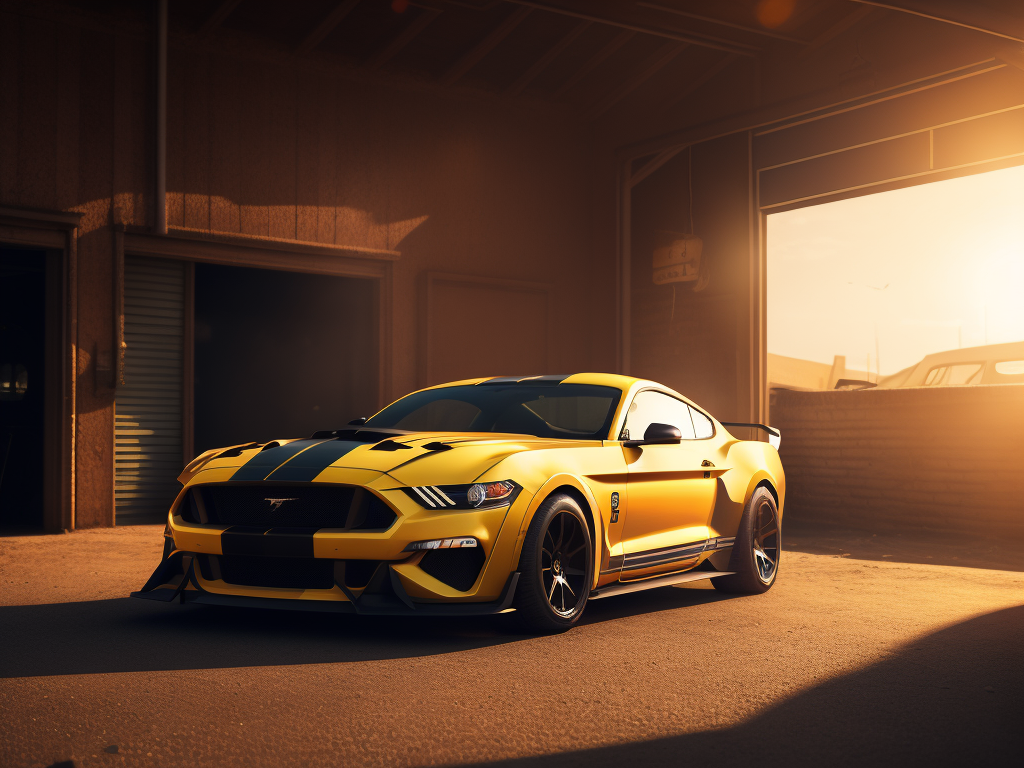 A videogame background image of a dusty garage, a racing Mustang car in the foreground with visible wear and tear, yellow sun rays coming inside from a small window illuminate the car, incredible graphics, 4k