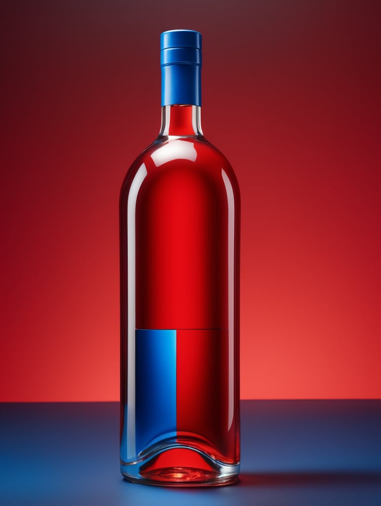 blank Liquor bottle, avant-garde, simplygo, photoshoot spread, all red, blue background, harpers bizarre, cover, headshot, hyper realistic, mockup