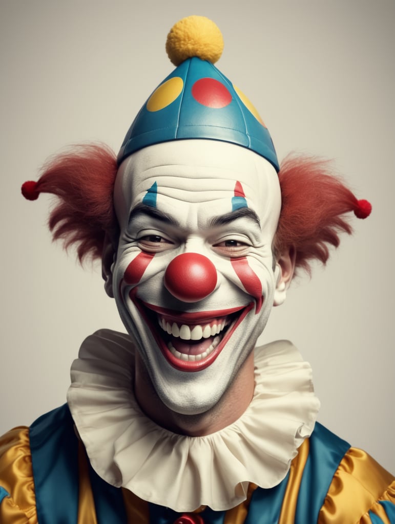 smile clown laugh , he has a cap on his head