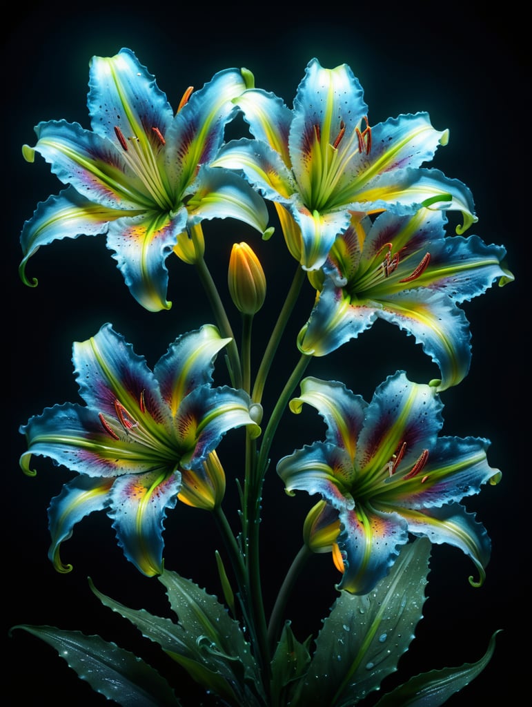 bioluminescent flower Lily, hyper detailed rendering, 4k, magic light, neon watercolours