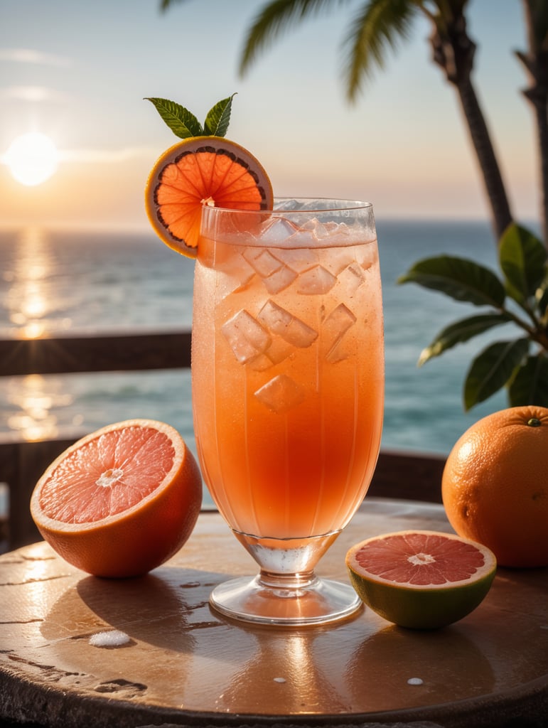 Grapefruit juice cocktail, with ice cubes in the glass and a salt rim, amazing photo, very realistic, elegant and tasty, photography, condensation, f2.8, 50mm lens, intricately detailed, 8k, cinematic production, highly detailed, highly realistic, sunny mexico in the background