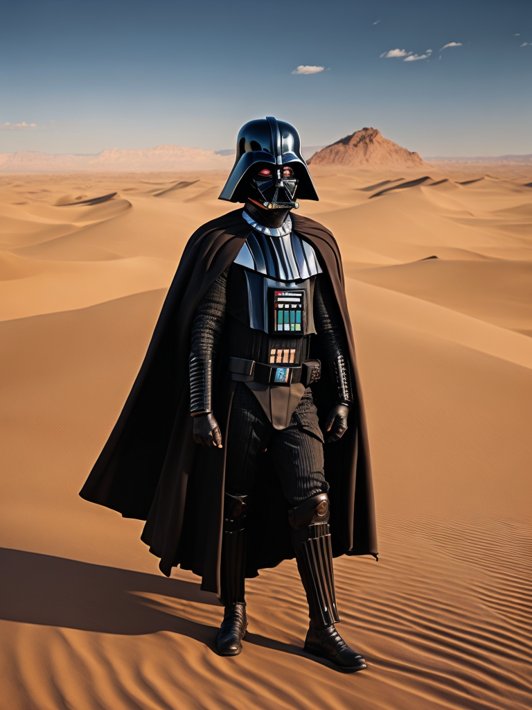 Portrait of Darth Vader in Mad Max style, Desert with dunes in the background, rusty metal, metal spikes