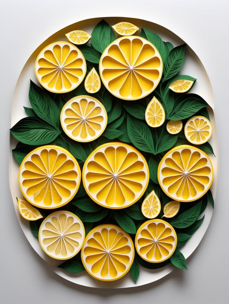 Lemon fruit Botanical illustration in papercut graphic style and realistic shadows on a white background.