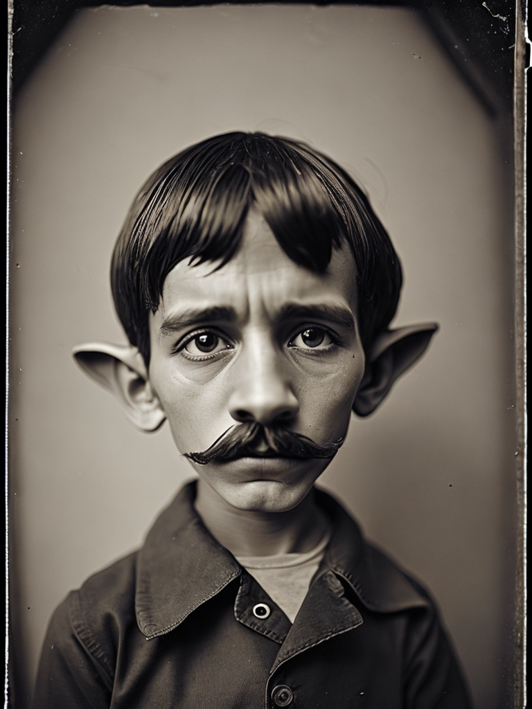 a wet plate photograph of a scary wooden Pinocchio with very long wooden nose and dark bob haircut, neutral emotions on his face