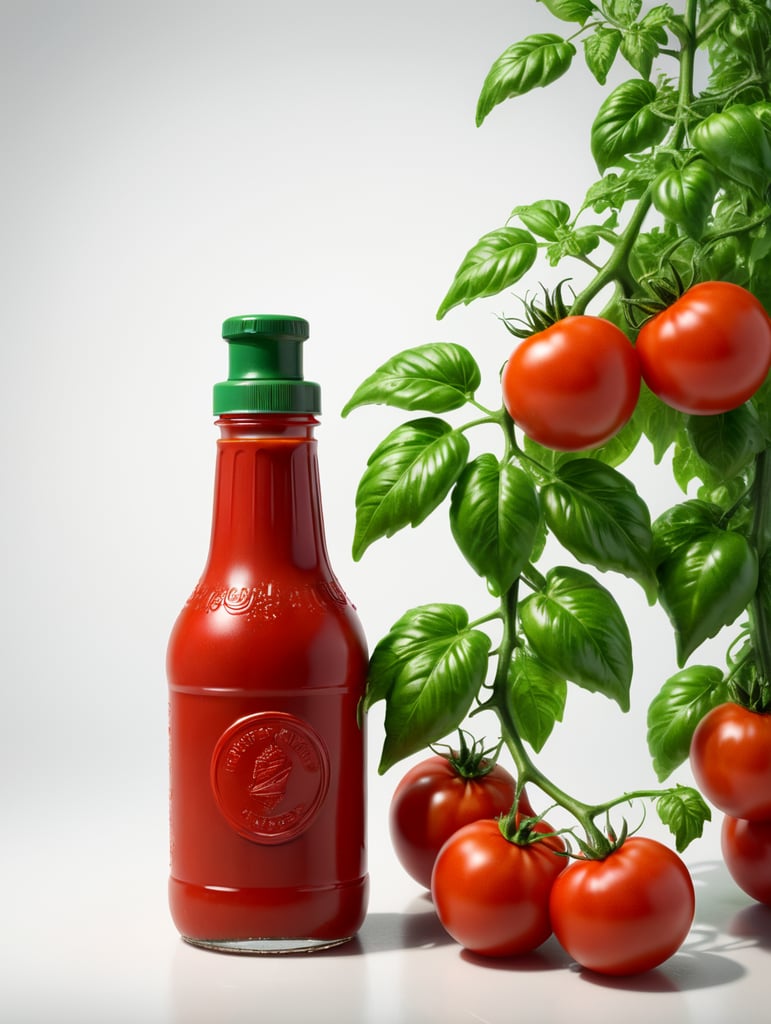 tomato ketchup bottle, red tomato with green leaves, isolated, white background