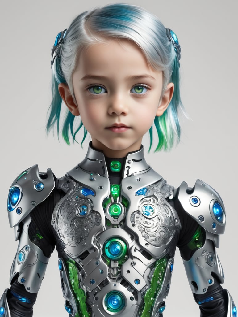 full body photo cyberpunk kid character in a T-Pose, with a striking blend of human and robotic features, standing against a pure white background, with metallic limbs and neon blue circuitry visible beneath translucent synthetic skin, piercing green eyes with vertical pupils, silver hair styled r, and a sleek, aerodynamic body suit with a metallic finish, complete with glowing blue accents and intricate, circuit-like patterns etched into the armor plating, with a subtle, atmospheric glow softly illuminating the character's form.