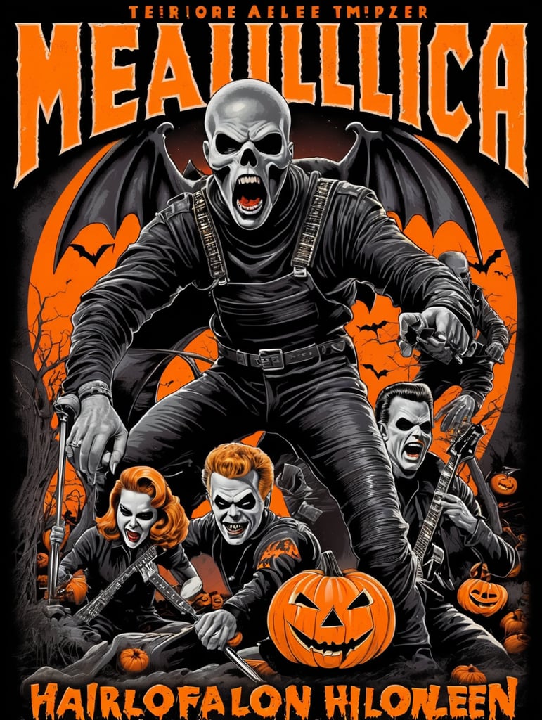 1950's b-movie horror halloween t-shirt print design featuring METALLICA ROCK BAND