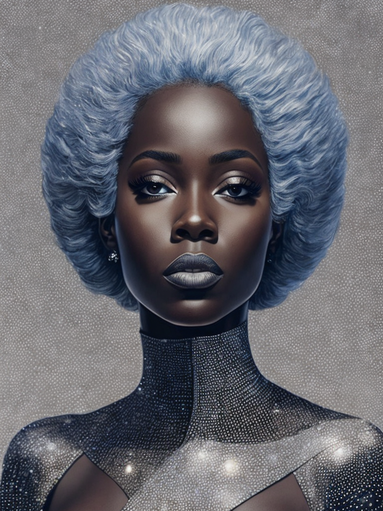 a ed woman in blue and silver looks like she has some white on, in the style of nene thomas, enoch bolles, dark silver and brown, pointillist optical illusions, african influence, hyper-realistic water,