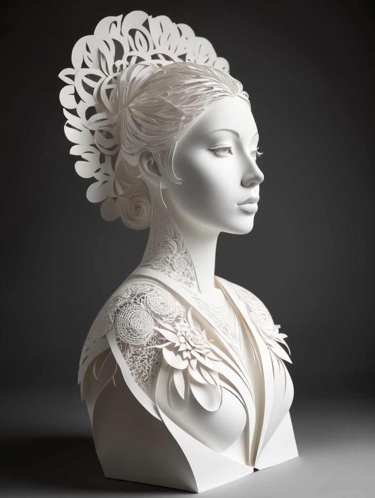 White cut paper sculpture woman, focus on details