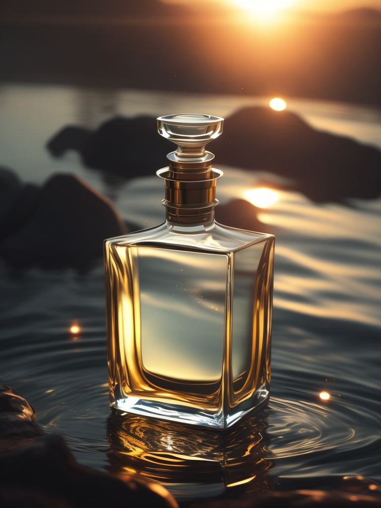 A delicate and noble glass perfume bottle was placed in the middle of the water，The sunlight asperses full, on the water flutters falls ，the petalhas ，the dewthe crystal ，clear feelingthe warm color tone,Headshot Center，the composition，Hyper，realistic style，realistic，photography，high detailhigh quality，high resolution，8k