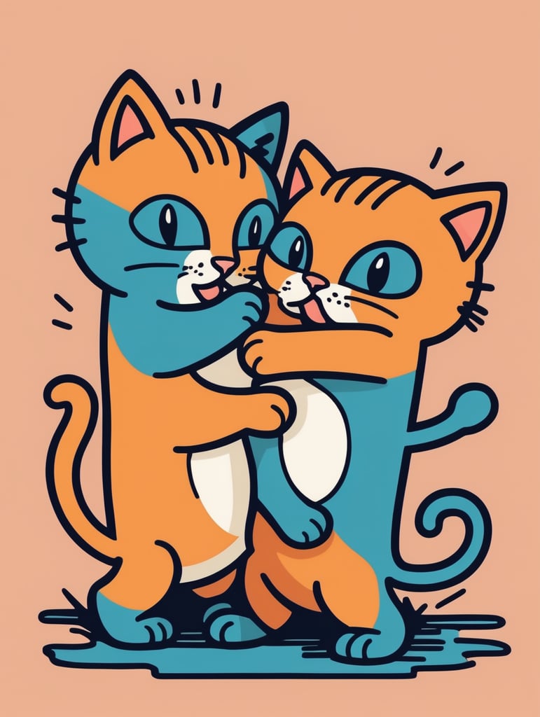 Simple figural illustration of a two kittens playing, solid color background, Keith Haring style graffiti, sharp illustrations, bold lines and solid colors, simple details, minimalism